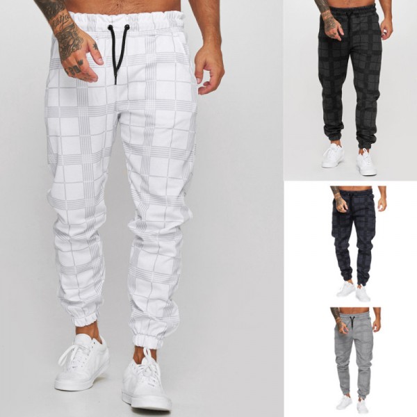 Men Casual Mid Waist Drawstring Waist Plaid Printed Jogger Pants