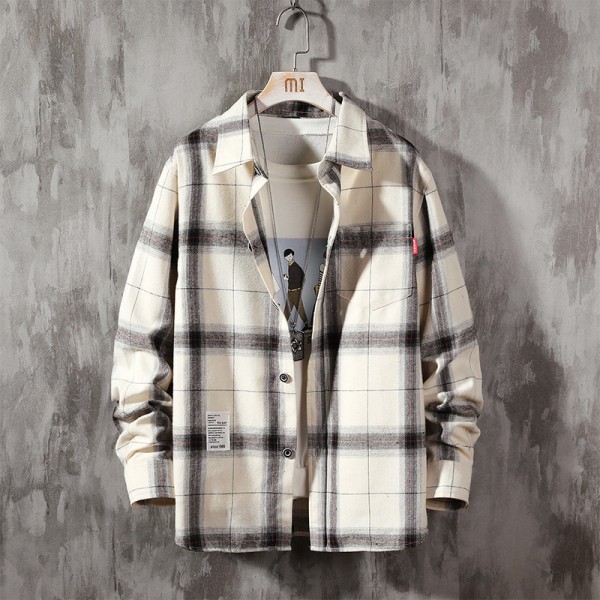 Men Casual Classic Plaid Lapel Button Loose Long S...