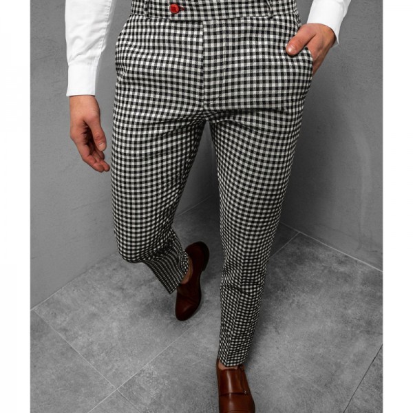 Men Casual Black White Plaid Mid Waist Pants