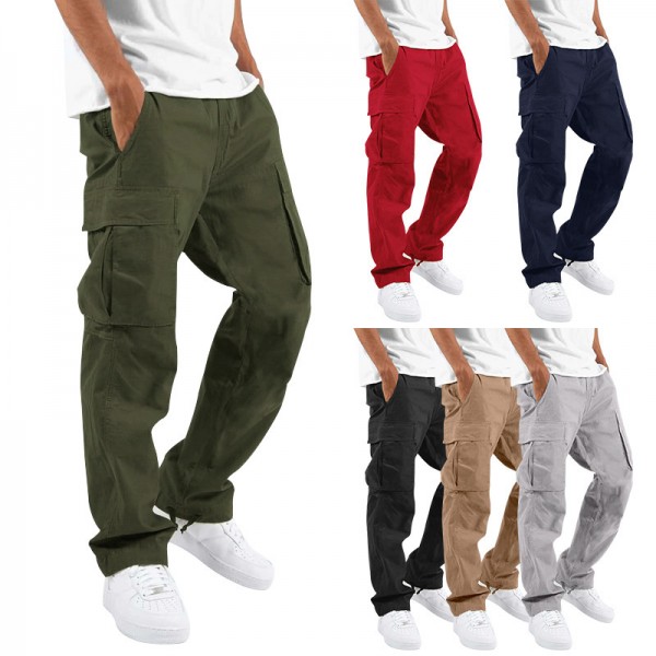 Men Fashion Solid Color Mid Waist Drawstring Multi Pocket Trousers