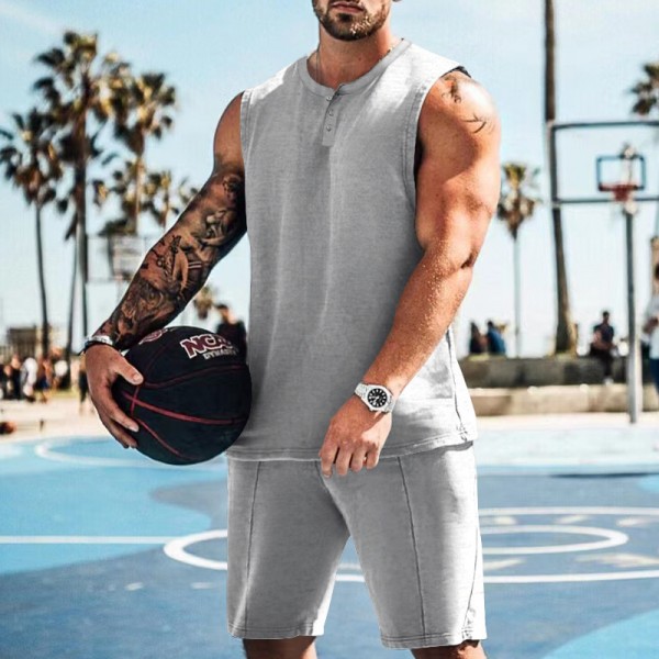 Men Casual Round Neck Loose Solid Color Vest And S...