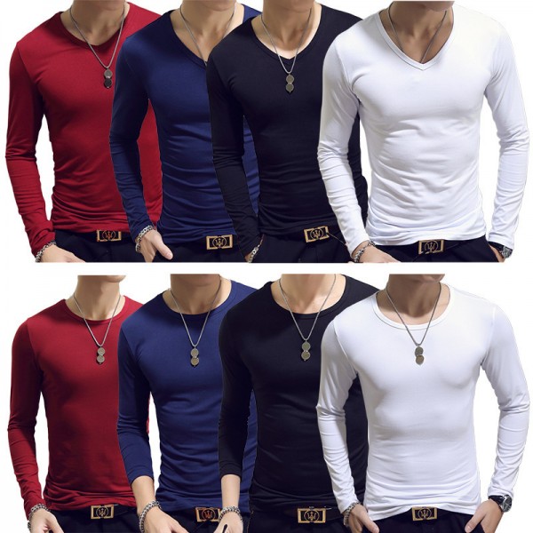 Men Casual Sports Basic Solid Color Long Sleeve Ro...