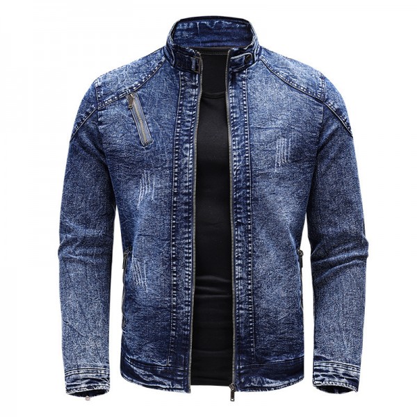 Men Fashion Casual Versatile Commuter Plus Size Long Sleeve Turtle Neck Zipper Denim Jacket