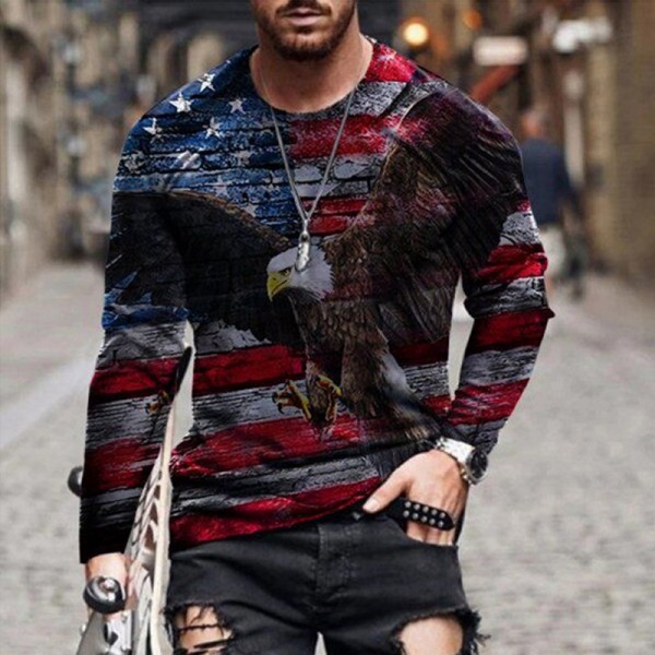 Men Fashion Casual 3D Print Plus Size Long Sleeve Round Neck T-Shirt