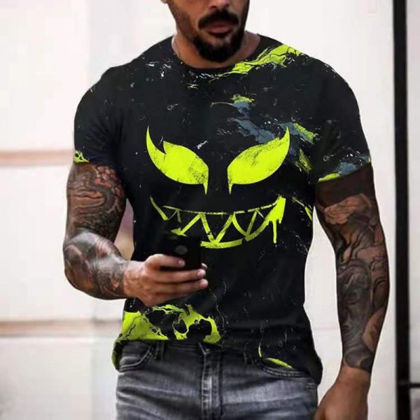 Men Fashion Devil Smiley 3D Graphic Printing Round Neck Short Sleeve T-Shirt