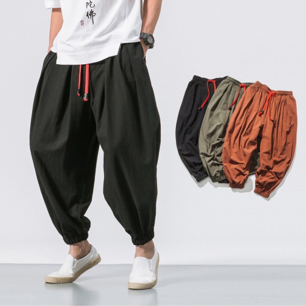 Men Fashion Casual Basic Versatile Solid Color Cotton Linen Plus Size Jogger Pants