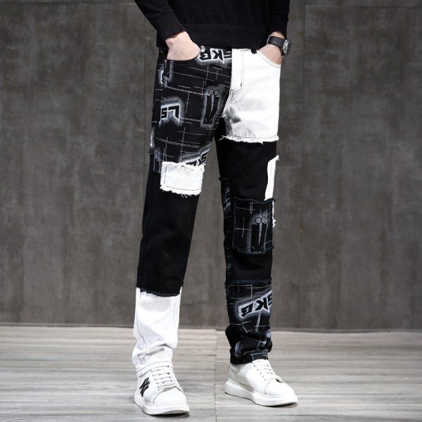 Men Fashion Casual Vintage Colorblock Letter Print Plus Size Straight Jeans