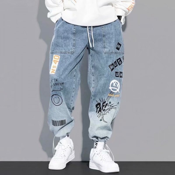 Men Fashion Casual Street Tide Letters Print Loose Plus Size Straight Jeans