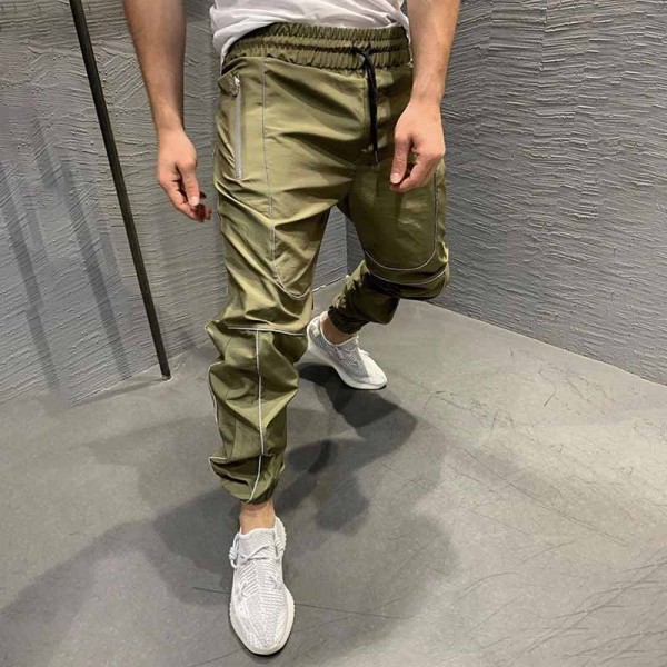 Men Fashion Hip Hop Solid Color Reflective Stripe Jogger Pants