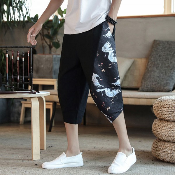 M-5XL Men Fashion Graphic Print Irregular Loose Cropped Pants